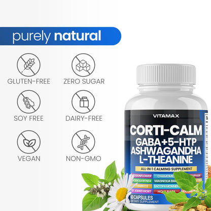 Corti-Calm Cortisol Supplement, L Theanine, Ashwagandha, Vitamin D 3, GABA for Relaxation, Fatigue & Focus with Ginkgo Biloba, Bacopa Monnieri, 5-HTP – Non-GMO, Made in USA – 60ct - Maple Wellness Supplements