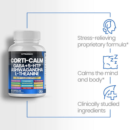 Corti-Calm Cortisol Supplement, L Theanine, Ashwagandha, Vitamin D 3, GABA for Relaxation, Fatigue & Focus with Ginkgo Biloba, Bacopa Monnieri, 5-HTP – Non-GMO, Made in USA – 60ct - Maple Wellness Supplements