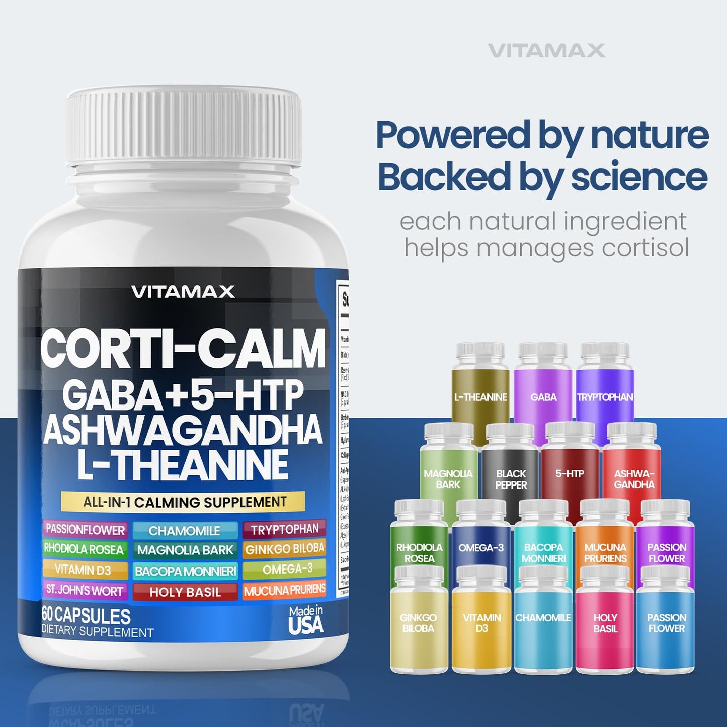 Corti-Calm Cortisol Supplement, L Theanine, Ashwagandha, Vitamin D 3, GABA for Relaxation, Fatigue & Focus with Ginkgo Biloba, Bacopa Monnieri, 5-HTP – Non-GMO, Made in USA – 60ct - Maple Wellness Supplements