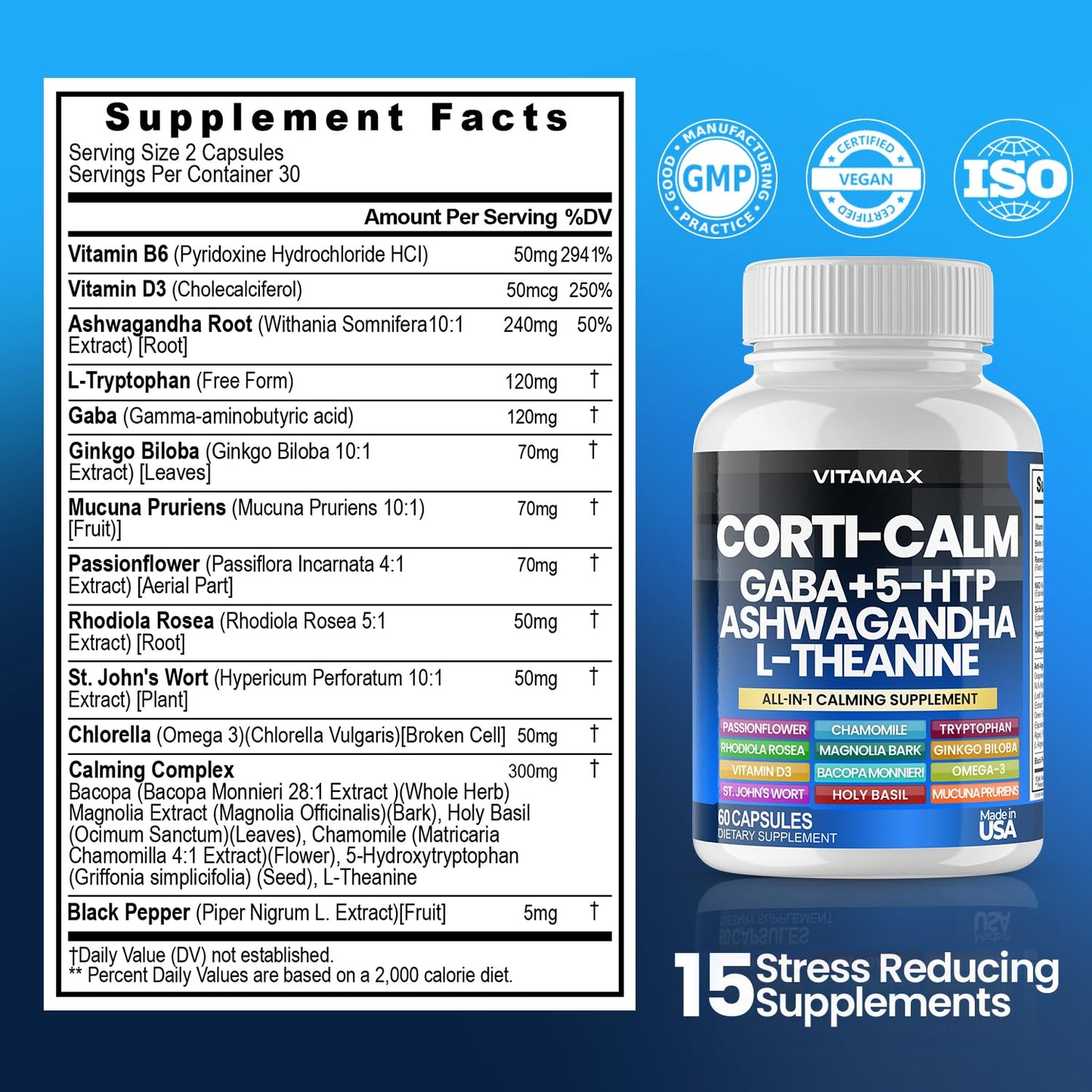 Corti-Calm Cortisol Supplement, L Theanine, Ashwagandha, Vitamin D 3, GABA for Relaxation, Fatigue & Focus with Ginkgo Biloba, Bacopa Monnieri, 5-HTP – Non-GMO, Made in USA – 60ct - Maple Wellness Supplements