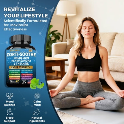 Corti-Soothe Cortisol Supplement for Women and Men with Magnesium Glycinate 200mg, L-Theanine 150mg, Phosphatidylserine 50mg & Manager Holy Basil Ginkgo Biloba Bacopa Monnieri Valerian 60 Capsules - Maple Wellness Supplements
