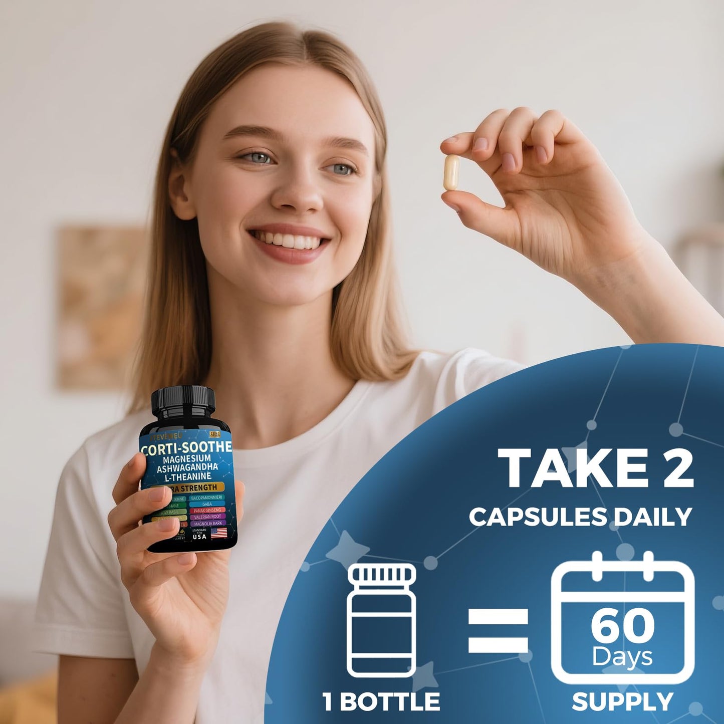 Corti-Soothe Cortisol Supplement for Women and Men with Magnesium Glycinate 200mg, L-Theanine 150mg, Phosphatidylserine 50mg & Manager Holy Basil Ginkgo Biloba Bacopa Monnieri Valerian 60 Capsules - Maple Wellness Supplements
