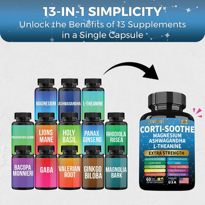Corti-Soothe Cortisol Supplement for Women and Men with Magnesium Glycinate 200mg, L-Theanine 150mg, Phosphatidylserine 50mg & Manager Holy Basil Ginkgo Biloba Bacopa Monnieri Valerian 60 Capsules - Maple Wellness Supplements