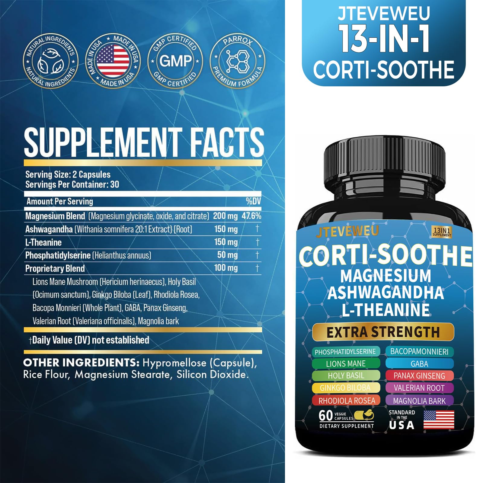 Corti-Soothe Cortisol Supplement for Women and Men with Magnesium Glycinate 200mg, L-Theanine 150mg, Phosphatidylserine 50mg & Manager Holy Basil Ginkgo Biloba Bacopa Monnieri Valerian 60 Capsules - Maple Wellness Supplements
