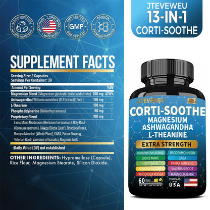 Corti-Soothe Cortisol Supplement for Women and Men with Magnesium Glycinate 200mg, L-Theanine 150mg, Phosphatidylserine 50mg & Manager Holy Basil Ginkgo Biloba Bacopa Monnieri Valerian 60 Capsules - Maple Wellness Supplements