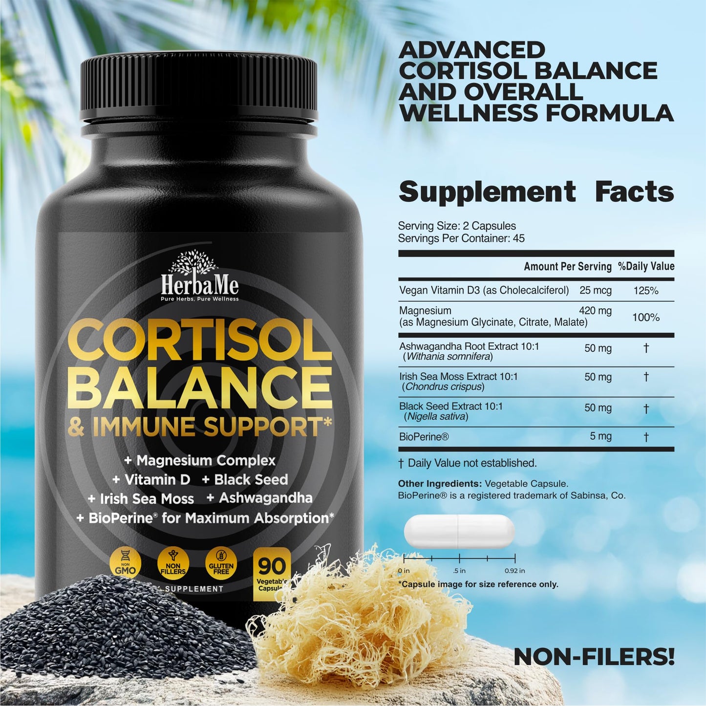 Cortisol Balance and Immune Support Supplement with Ashwagandha, Irish Sea Moss, Black Seed, Vitamin D and Magnesium Complex | Mood Enhancer | Immunity Booster | Stress Relief Pills | 90 Capsules - Maple Wellness Supplements