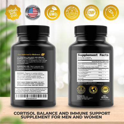 Cortisol Balance and Immune Support Supplement with Ashwagandha, Irish Sea Moss, Black Seed, Vitamin D and Magnesium Complex | Mood Enhancer | Immunity Booster | Stress Relief Pills | 90 Capsules - Maple Wellness Supplements
