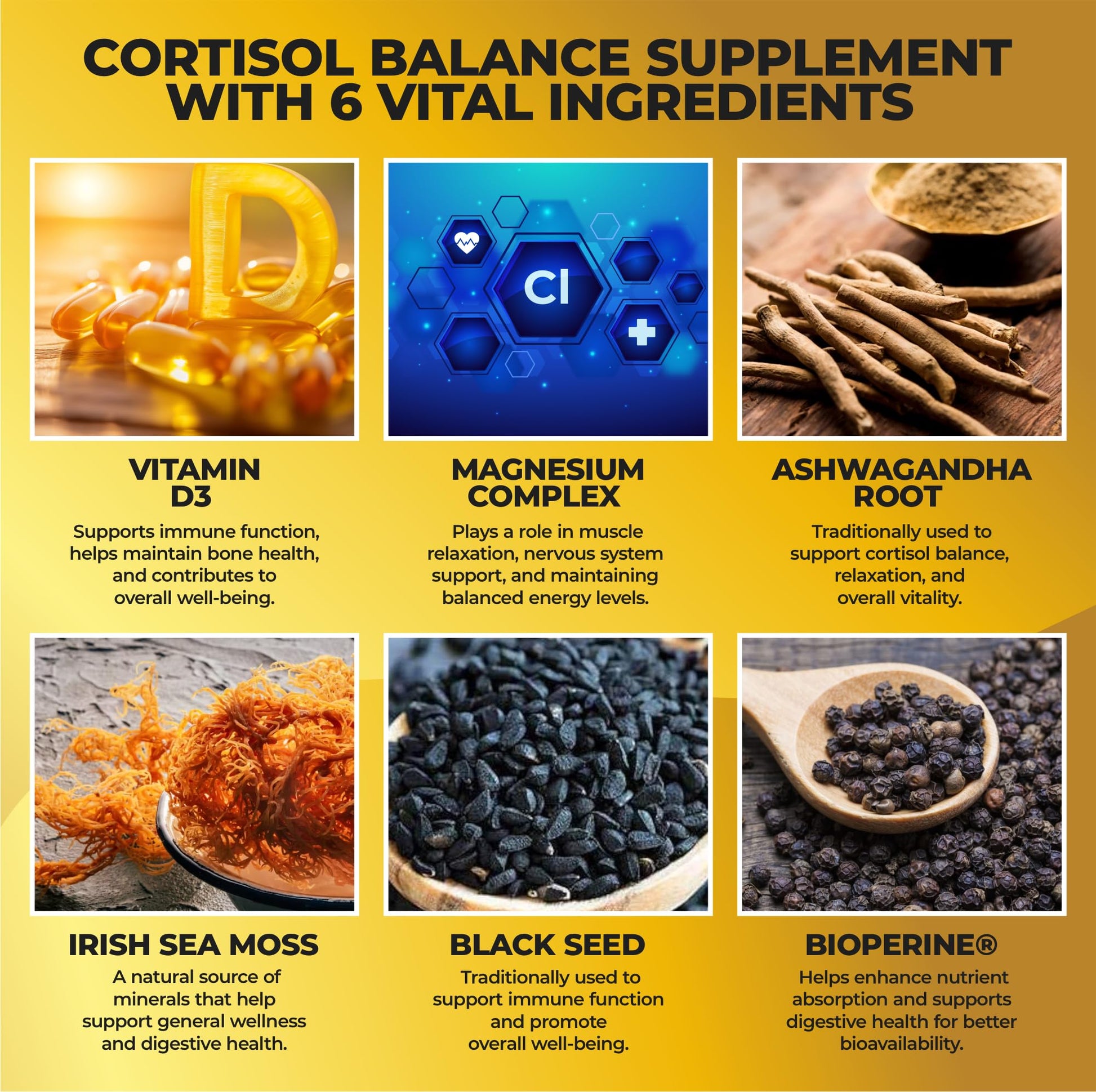 Cortisol Balance and Immune Support Supplement with Ashwagandha, Irish Sea Moss, Black Seed, Vitamin D and Magnesium Complex | Mood Enhancer | Immunity Booster | Stress Relief Pills | 90 Capsules - Maple Wellness Supplements