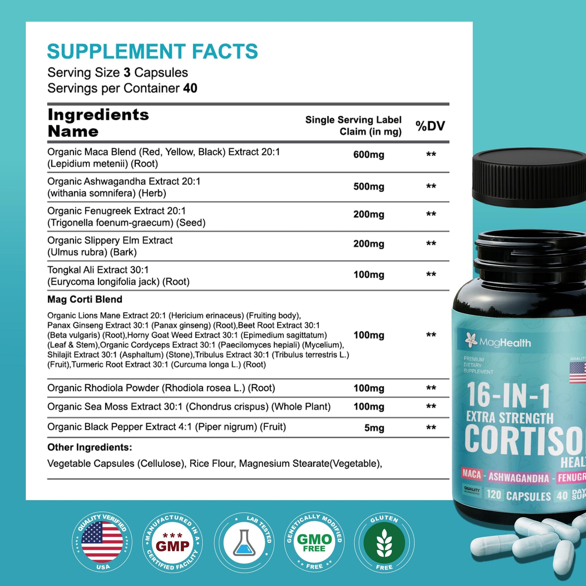 Cortisol Complex 16-in-1 Supplement for Women & Men | Stress Support Manager with Organic Ashwagandha, Maca Root, Rhodiola Rosea & Shilajit | Adaptogen Blend for Balance & Energy | 120 Capsules - Maple Wellness Supplements