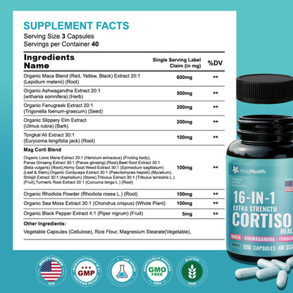 Cortisol Complex 16-in-1 Supplement for Women & Men | Stress Support Manager with Organic Ashwagandha, Maca Root, Rhodiola Rosea & Shilajit | Adaptogen Blend for Balance & Energy | 120 Capsules - Maple Wellness Supplements
