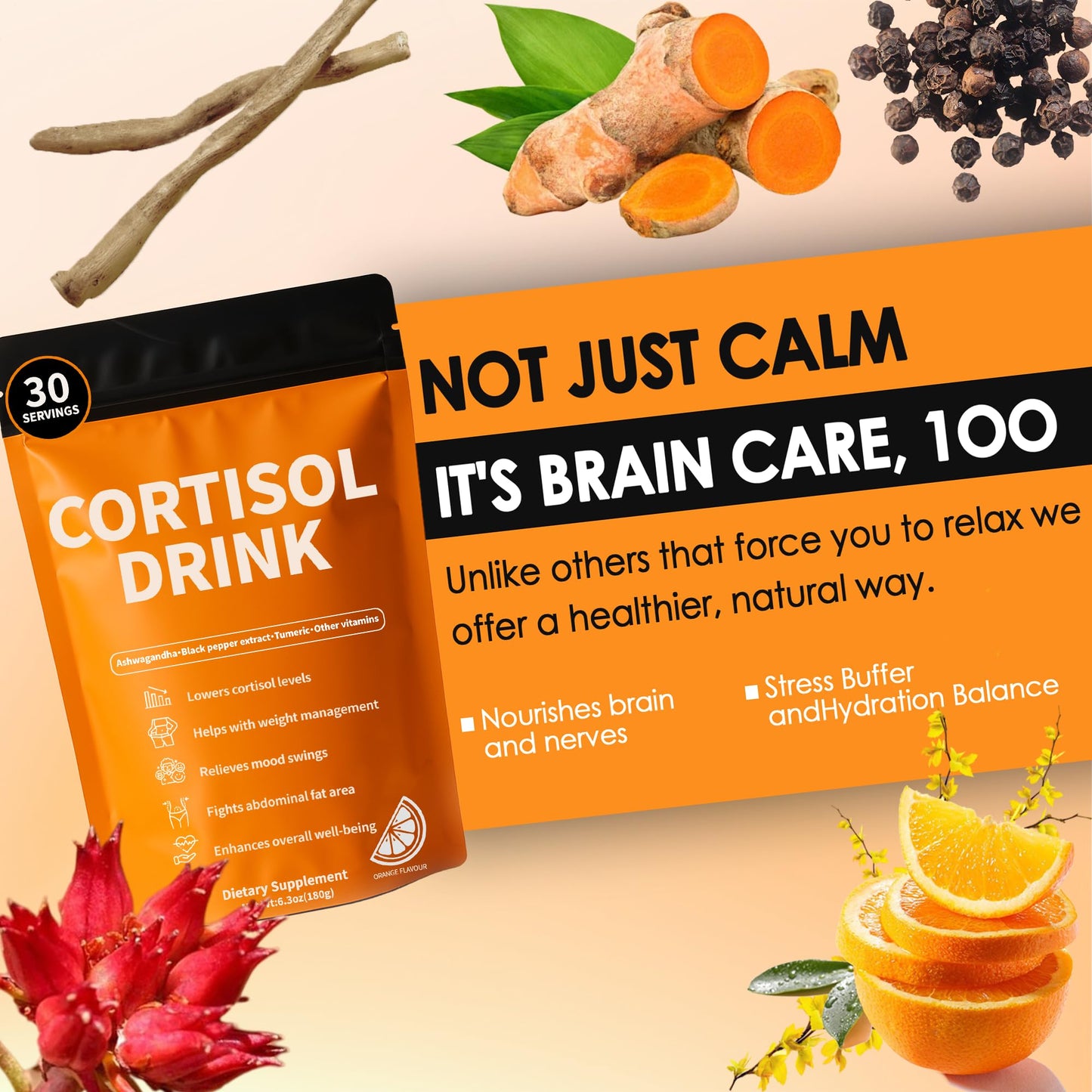 Cortisol Drink Powder - Natural Cortisol Supplements for Ashwagandha, L-Theanine, Turmeric Root, Black Pepper Extract, Relaxation, Focus, Mental Clarity - Maple Wellness Supplements