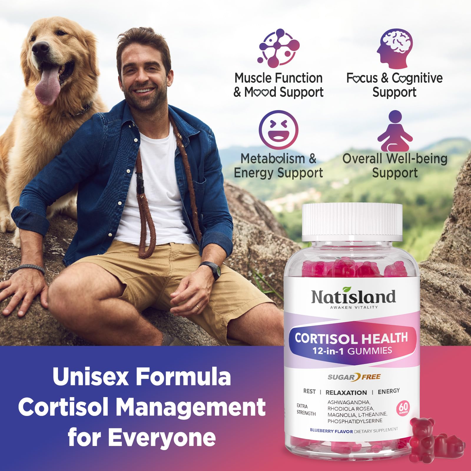 Cortisol Gummies, 12-in-1 Cortisol Reducer, with Magnesium Glycinate, Ashwagandha, L-Theanine, Phosphatidylserine, Vitamin B6 & D3, Rhodiola Rosea, for Men & Women, Sugar-Free, Vegan, NON-GMO, 60CT - Maple Wellness Supplements