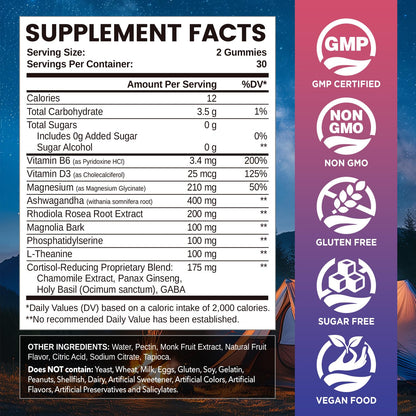 Cortisol Gummies, 12-in-1 Cortisol Reducer, with Magnesium Glycinate, Ashwagandha, L-Theanine, Phosphatidylserine, Vitamin B6 & D3, Rhodiola Rosea, for Men & Women, Sugar-Free, Vegan, NON-GMO, 60CT - Maple Wellness Supplements