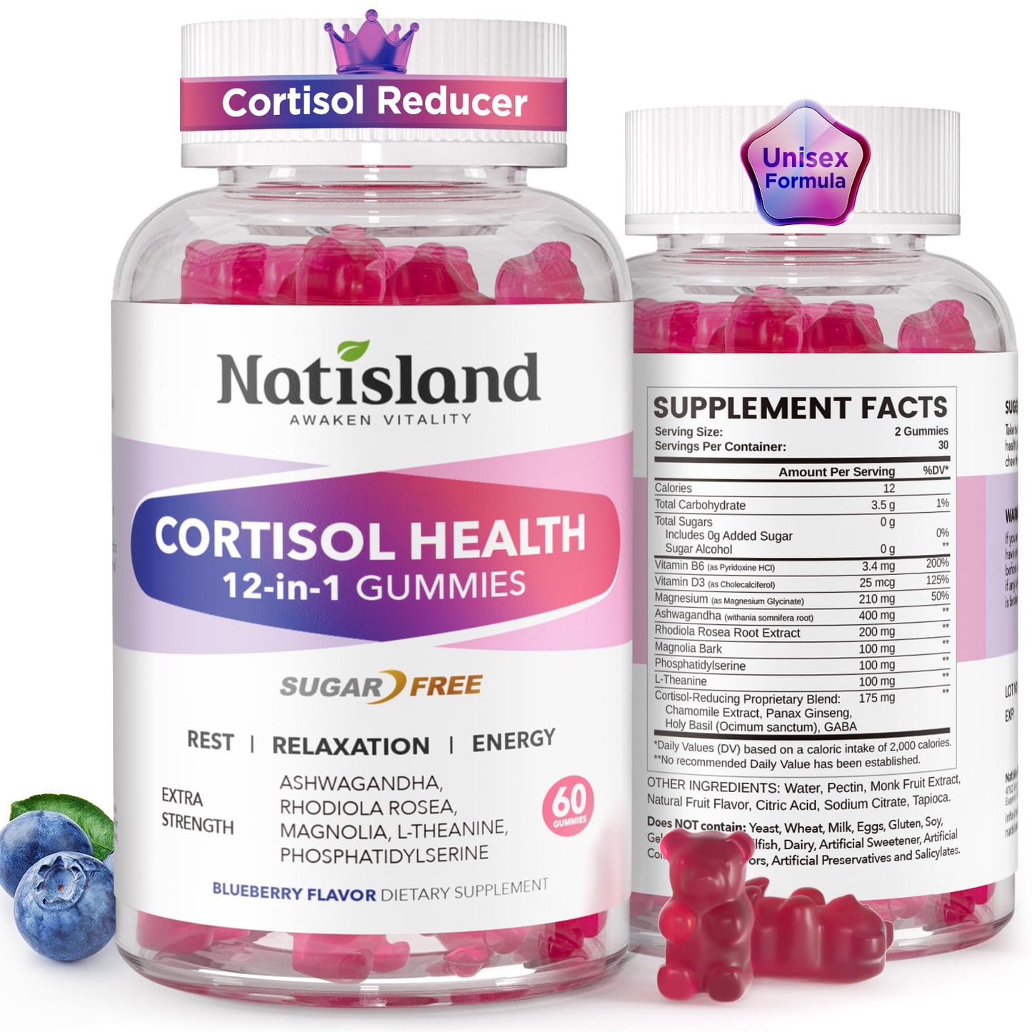 Cortisol Gummies, 12-in-1 Cortisol Reducer, with Magnesium Glycinate, Ashwagandha, L-Theanine, Phosphatidylserine, Vitamin B6 & D3, Rhodiola Rosea, for Men & Women, Sugar-Free, Vegan, NON-GMO, 60CT - Maple Wellness Supplements