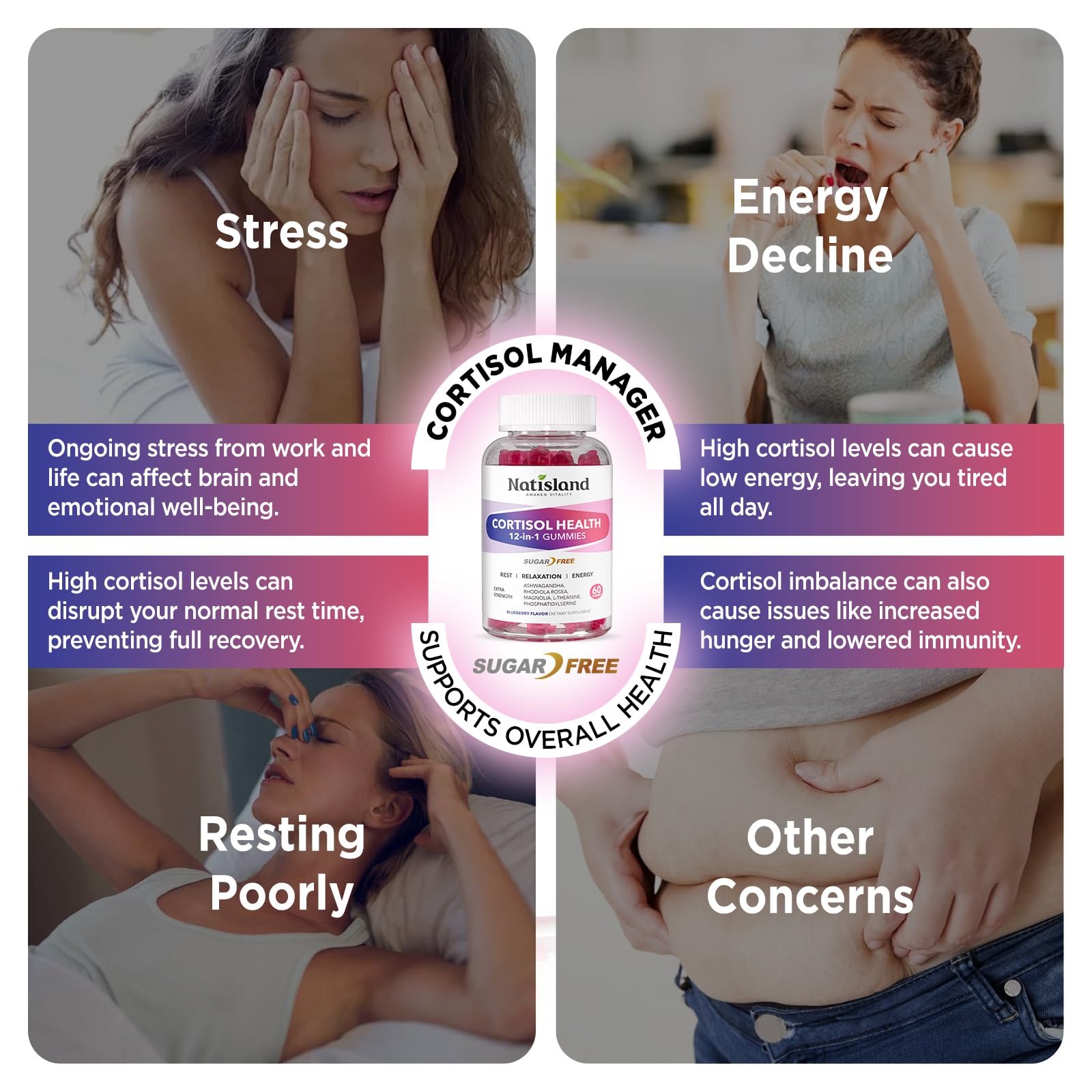 Cortisol Gummies, 12-in-1 Cortisol Reducer, with Magnesium Glycinate, Ashwagandha, L-Theanine, Phosphatidylserine, Vitamin B6 & D3, Rhodiola Rosea, for Men & Women, Sugar-Free, Vegan, NON-GMO, 60CT - Maple Wellness Supplements