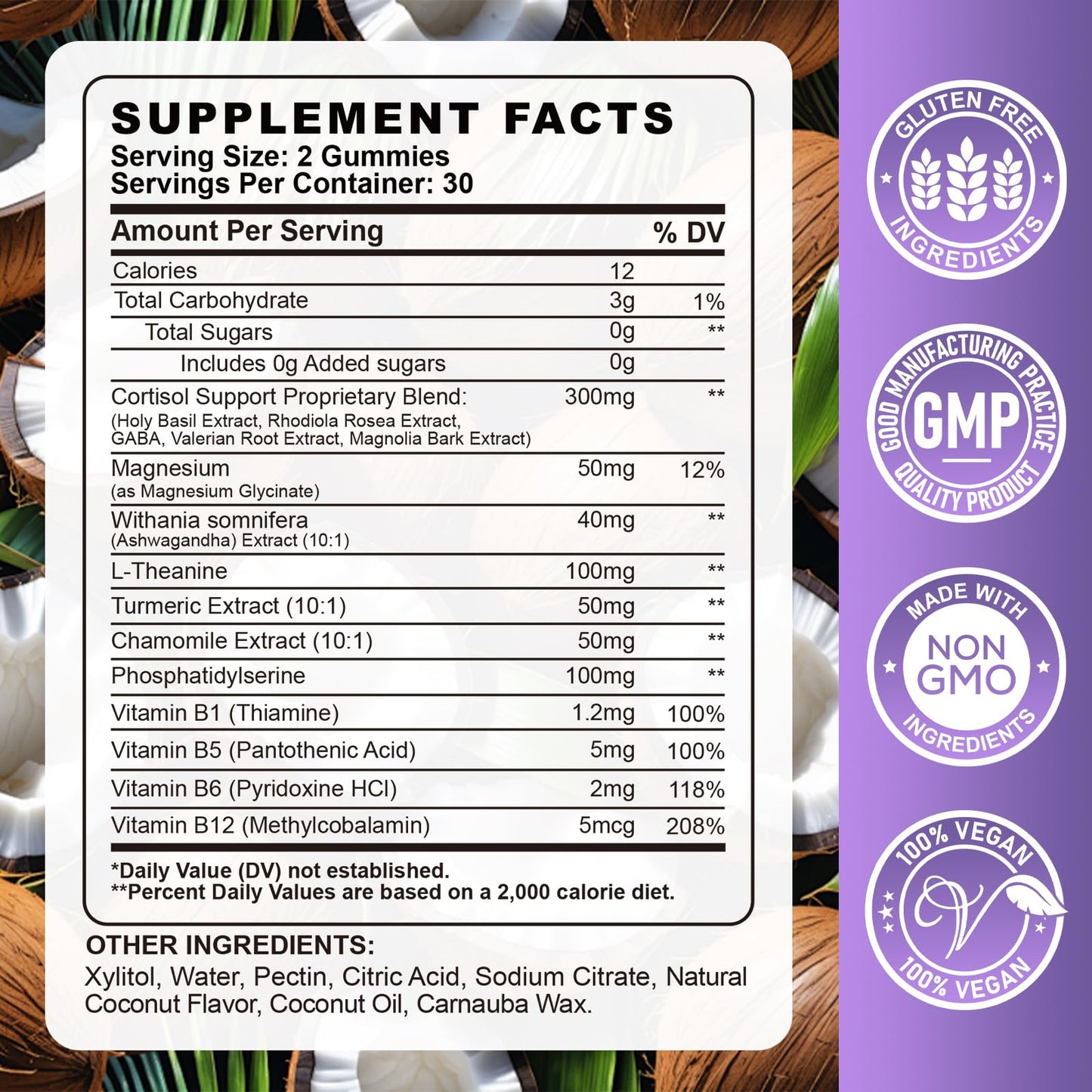 Cortisol Gummies for Women - Cortisol Supplements with Magnesium Glycinate, Ashwagandha, L-Theanine, Vitamin B Complex for Relaxation, Sleep, Calm Mood & Focus - Vegan, Sugar Free Coconut Flavor - Maple Wellness Supplements