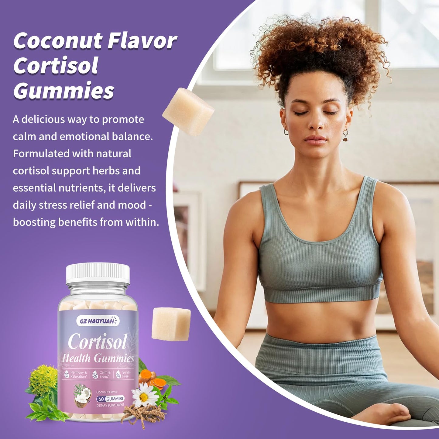 Cortisol Gummies for Women - Cortisol Supplements with Magnesium Glycinate, Ashwagandha, L-Theanine, Vitamin B Complex for Relaxation, Sleep, Calm Mood & Focus - Vegan, Sugar Free Coconut Flavor - Maple Wellness Supplements