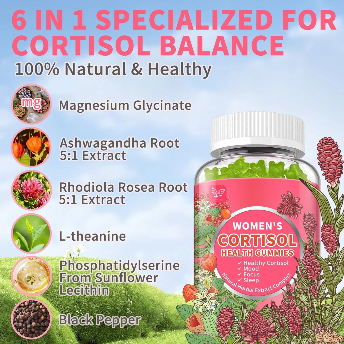 Cortisol Gummies for Women,Cortisol Manager with Ashwagandha,Magnesium,L-theanine,Phosphatidylserine,Rhodiola Rosea,Black Pepper for Mood Support,Adrenal Balance,Sleep,Vegan,Apple Flavor,60 Count - Maple Wellness Supplements