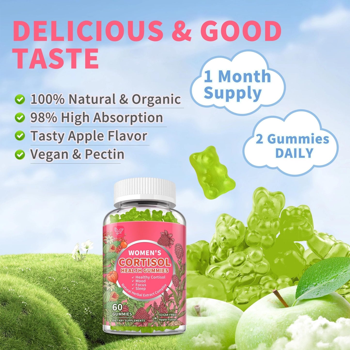 Cortisol Gummies for Women,Cortisol Manager with Ashwagandha,Magnesium,L-theanine,Phosphatidylserine,Rhodiola Rosea,Black Pepper for Mood Support,Adrenal Balance,Sleep,Vegan,Apple Flavor,60 Count - Maple Wellness Supplements
