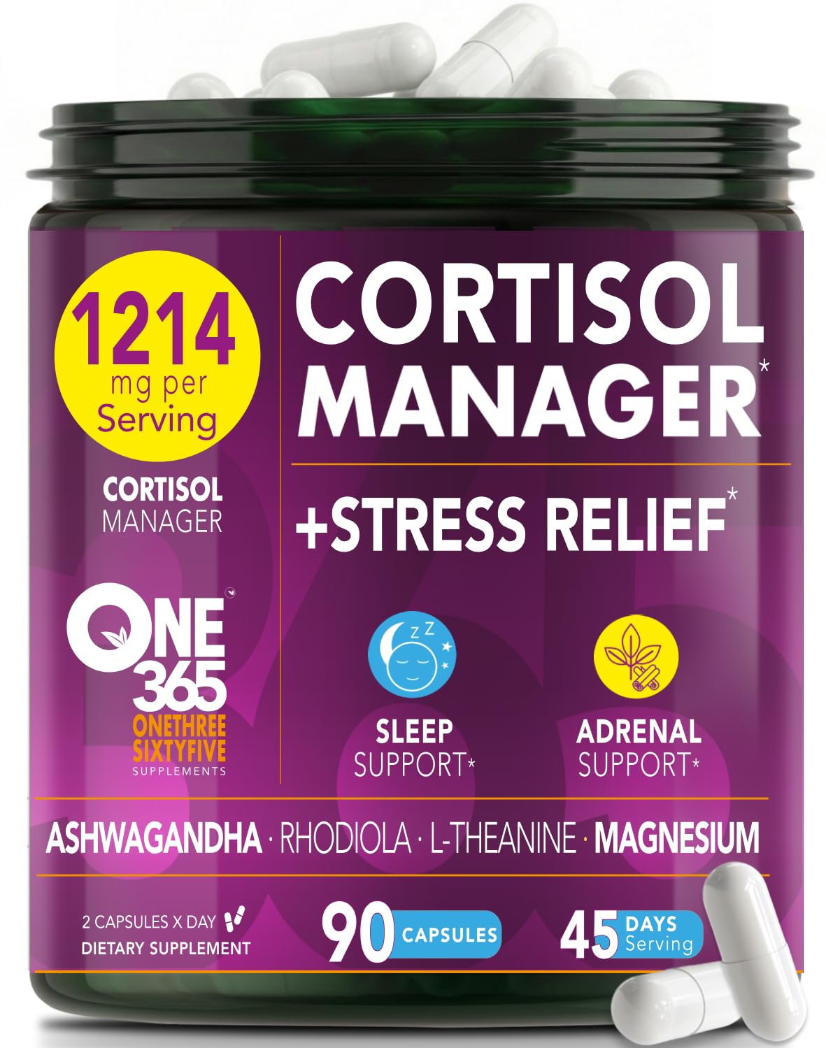 Cortisol Manager – Adrenal Support Supplement for Women & Men – Natural Stress Relief, Calm & Sleep Support – Cortisol Reducer with Ashwagandha, Magnesium, L-Theanine & Rhodiola – 90 Vegan Capsules - Maple Wellness Supplements