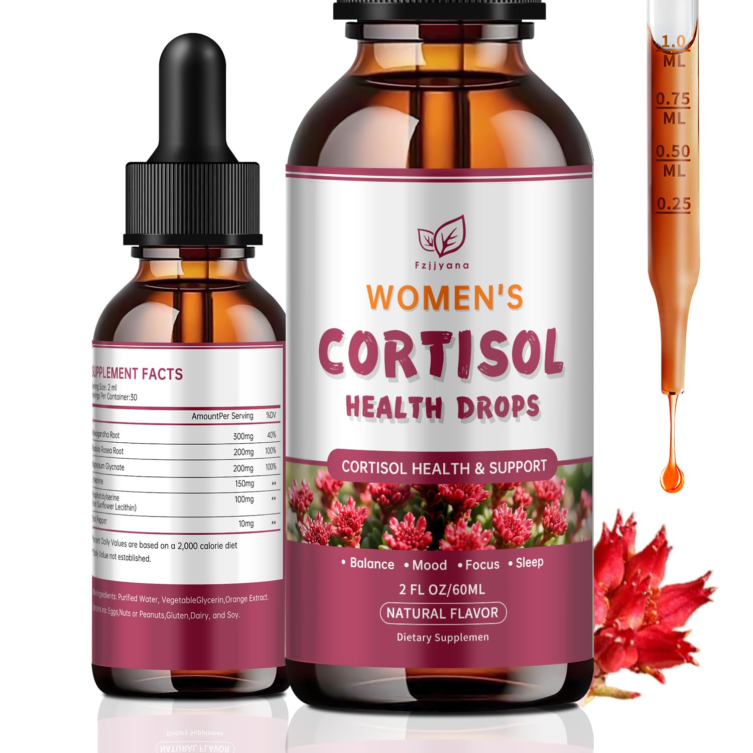 Cortisol Manager Liquid Drops, Cortisol Supplements for Women, with magnesium ashwagandha, rhodiola rosea,l-theanine,Phosphatidylserine-Promote Relaxation and Support Mood- 30 Day Vegan Supply - Maple Wellness Supplements