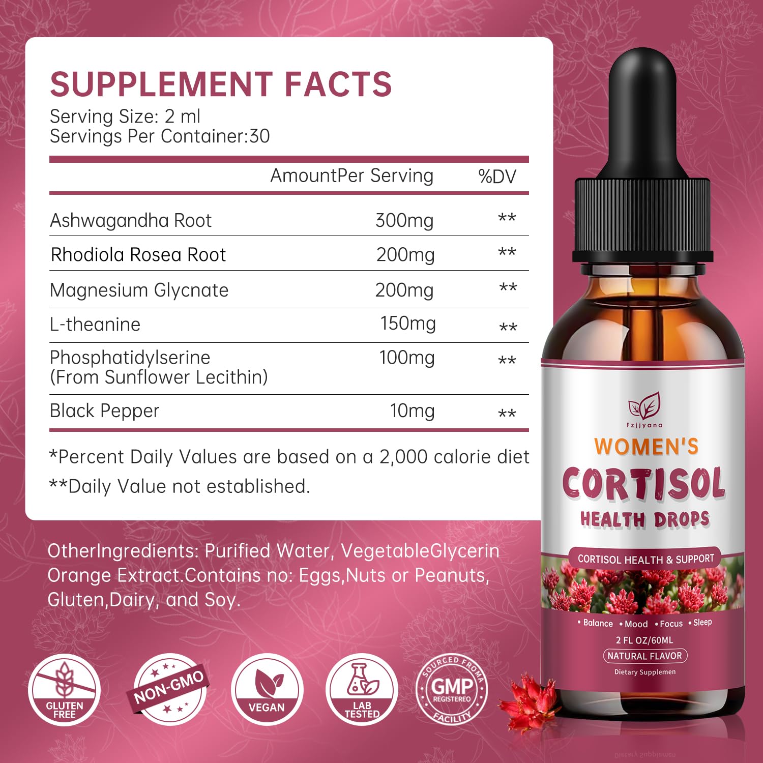 Cortisol Manager Liquid Drops, Cortisol Supplements for Women, with magnesium ashwagandha, rhodiola rosea,l-theanine,Phosphatidylserine-Promote Relaxation and Support Mood- 30 Day Vegan Supply - Maple Wellness Supplements