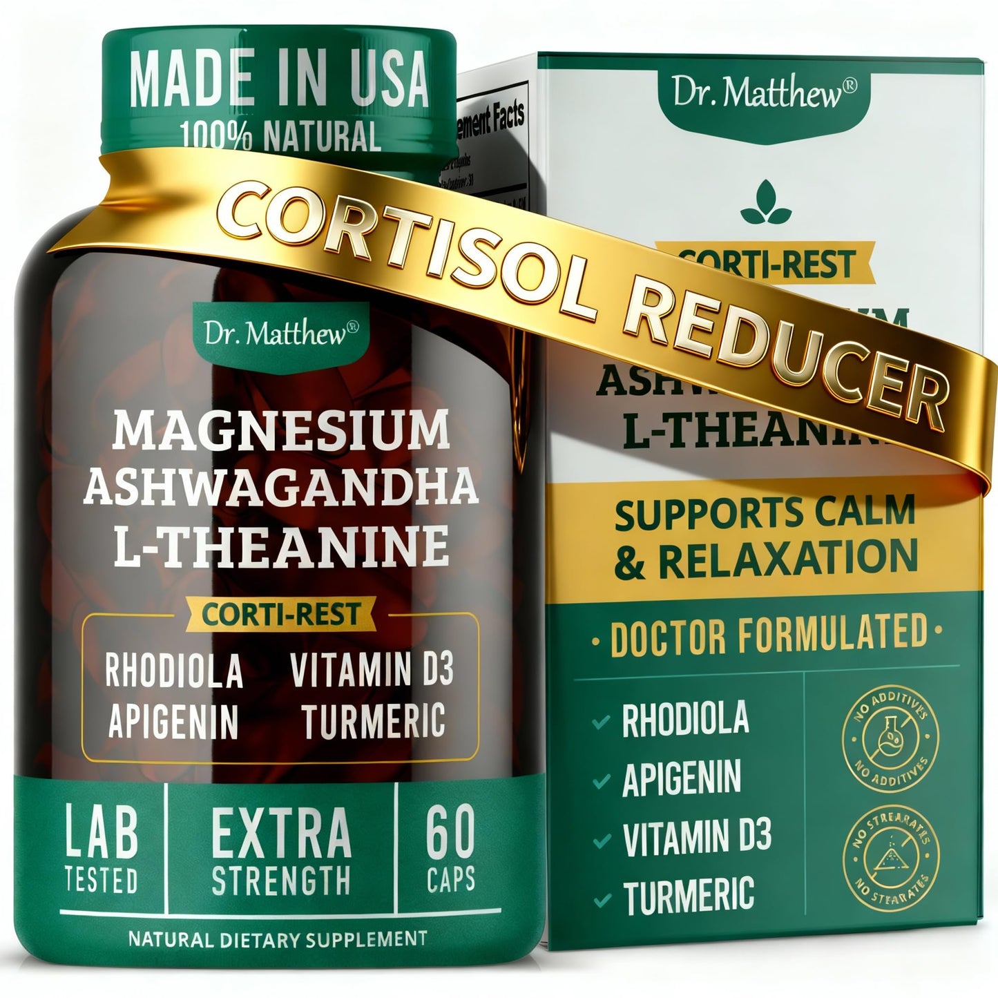 Cortisol Reducer & Adrenal Support Supplement–Natural Stress Relief with Ashwagandha KSM-66, Magnesium Glycinate & Citrate, L-Theanine, Rhodiola, Apigenin, Turmeric & Vitamin D3–Calm Mood & Relaxation - Maple Wellness Supplements