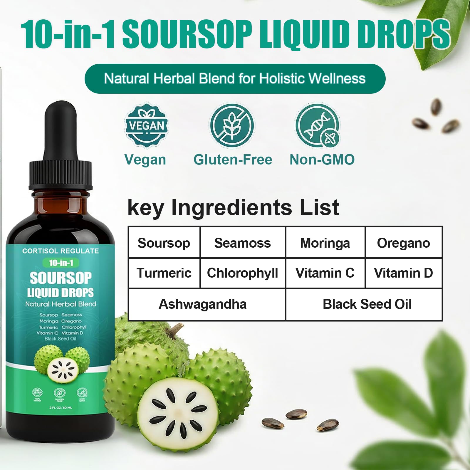 CORTISOL REGULATE Soursop Liquid Drops, 10-in-1 Blend with Sea Moss, Moringa, Turmeric, Black Seed Oil, Oregano, and More, 2 fl oz (1 Pack) - Maple Wellness Supplements