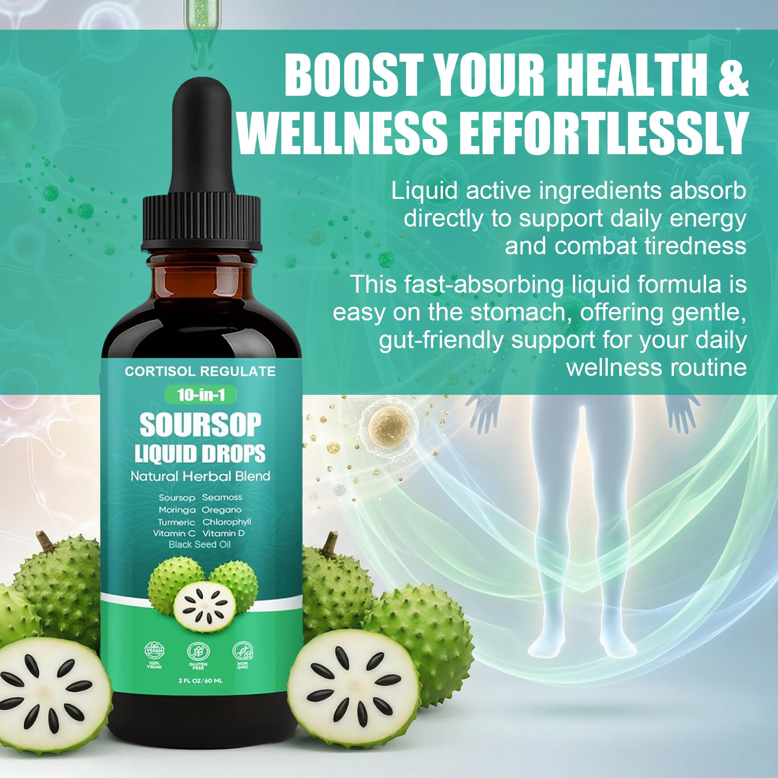 CORTISOL REGULATE Soursop Liquid Drops, 10-in-1 Blend with Sea Moss, Moringa, Turmeric, Black Seed Oil, Oregano, and More, 2 fl oz (1 Pack) - Maple Wellness Supplements
