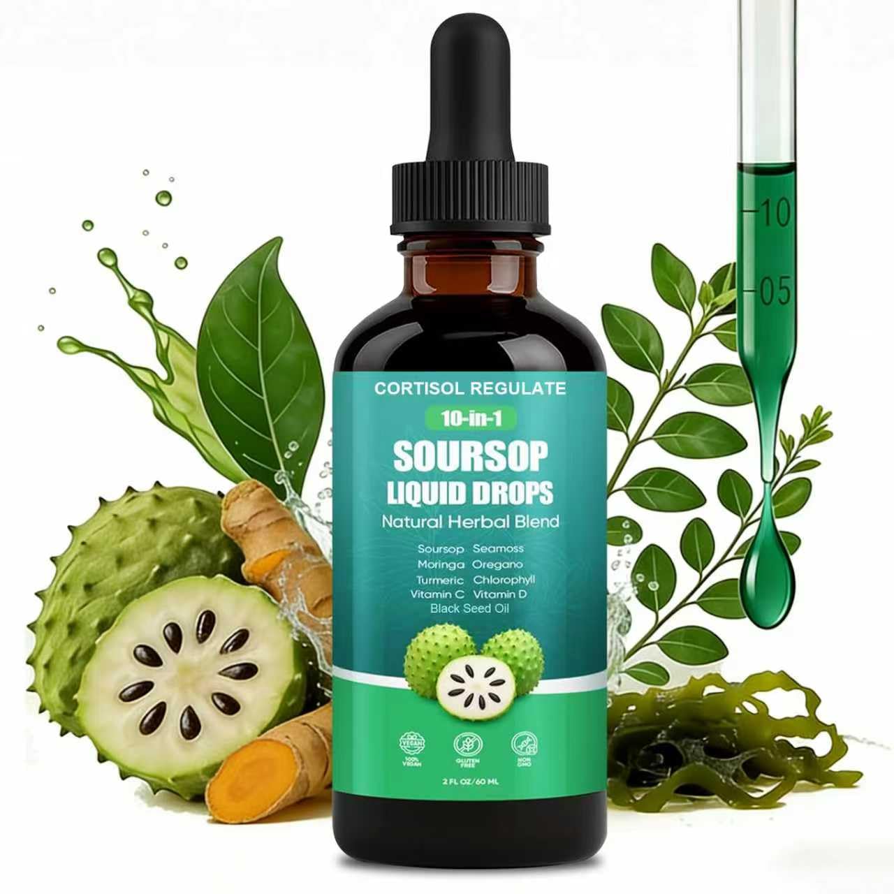 CORTISOL REGULATE Soursop Liquid Drops, 10-in-1 Blend with Sea Moss, Moringa, Turmeric, Black Seed Oil, Oregano, and More, 2 fl oz (1 Pack) - Maple Wellness Supplements