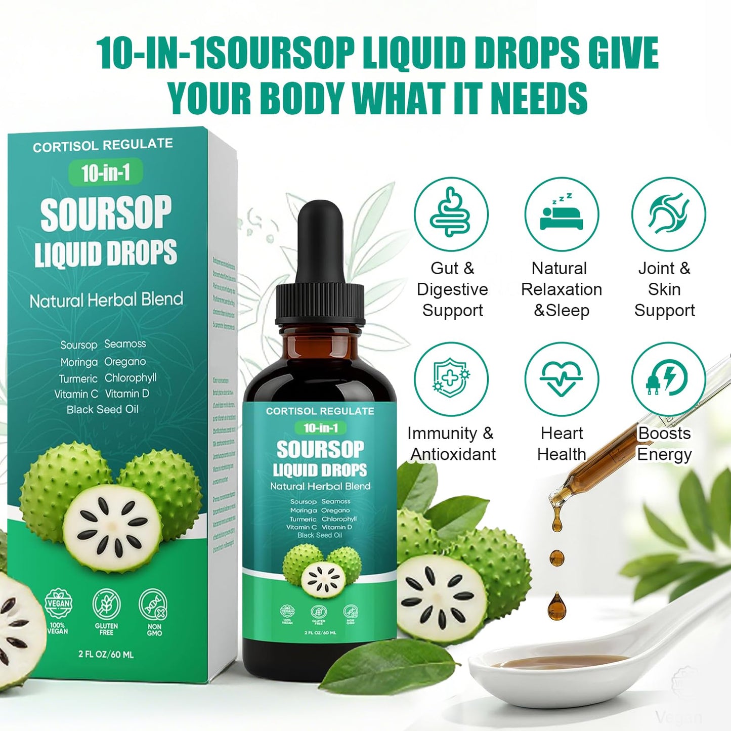 CORTISOL REGULATE Soursop Liquid Drops, 10-in-1 Blend with Sea Moss, Moringa, Turmeric, Black Seed Oil, Oregano, and More, 2 fl oz (1 Pack) - Maple Wellness Supplements