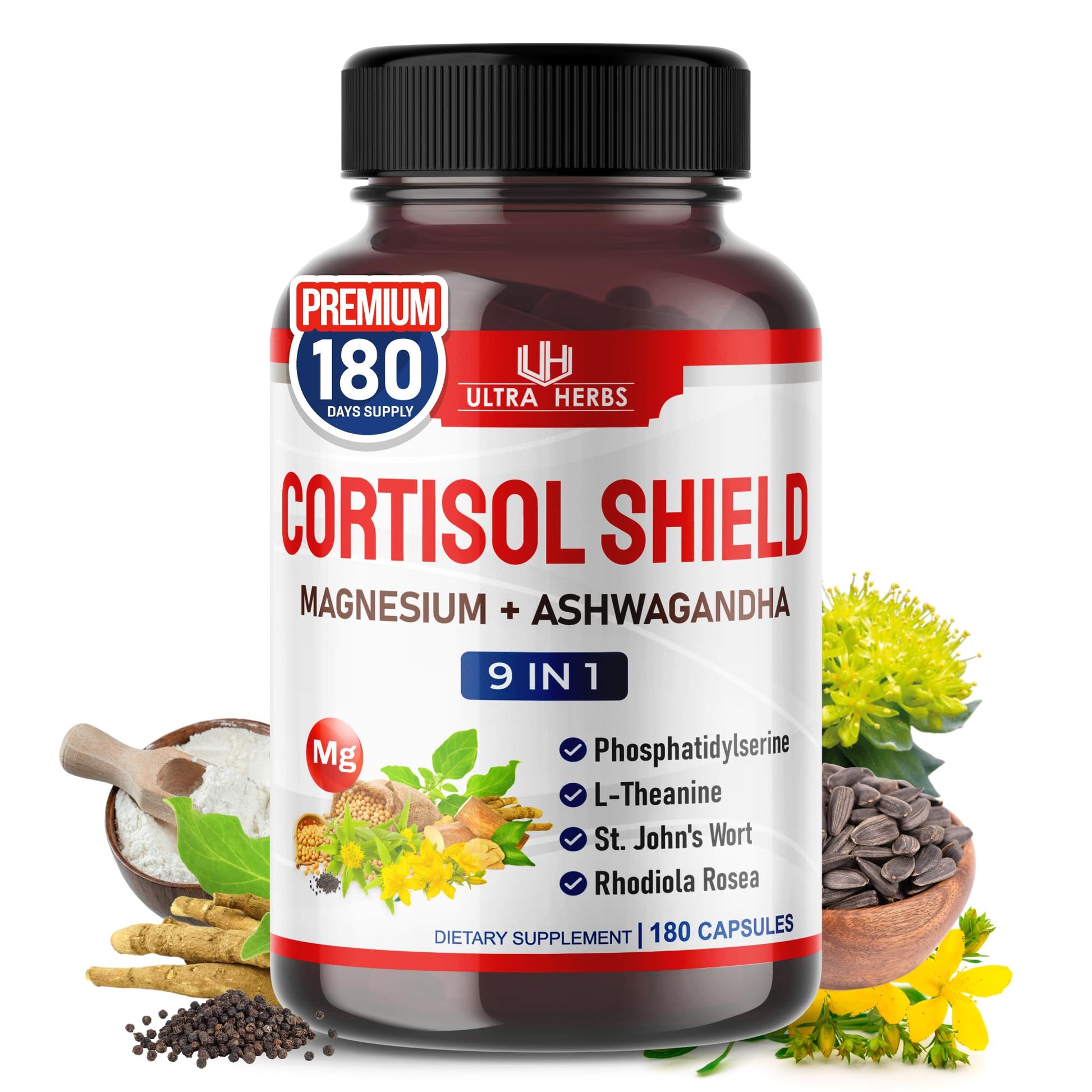 CORTISOL Shield 9-in-1 -Magnesium + Ashwagandha with Phosphatidylserine, L-Theanine, St. John's Wort, Rhodiola Rosea - Relaxation Support, Hormone Balance (180 Count (Pack of 1)) - Maple Wellness Supplements