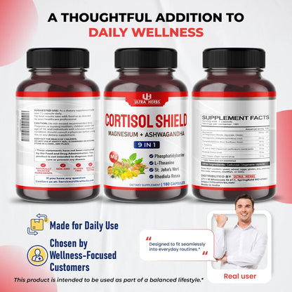 CORTISOL Shield 9-in-1 -Magnesium + Ashwagandha with Phosphatidylserine, L-Theanine, St. John's Wort, Rhodiola Rosea - Relaxation Support, Hormone Balance (180 Count (Pack of 1)) - Maple Wellness Supplements