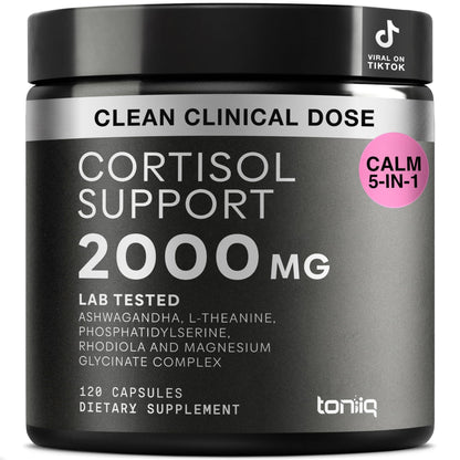 Cortisol Supplement for Women and Men — Calm, Balanced-Strength 5-in-1 Non-Drowsy, Third-Party Tested with Magnesium Glycinate, Ashwagandha, L-Theanine, Phosphatidylserine, Rhodiola — 120 Capsules - Maple Wellness Supplements