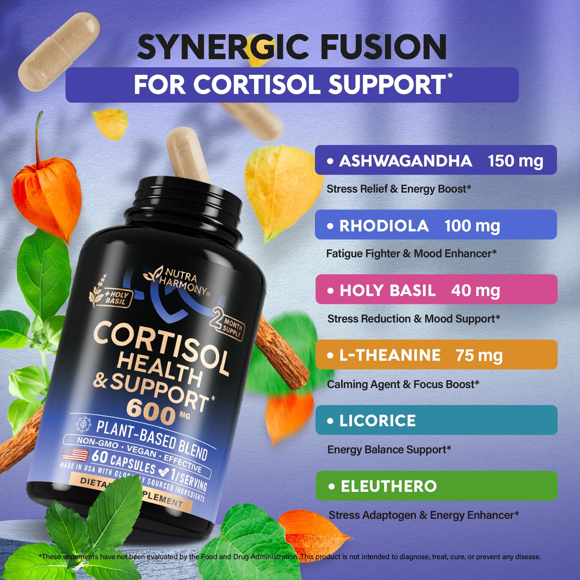 Cortisol Supplement for Women - Holy Basil | Ashwagandha | Rhodiola | L-Theanine - Plant-Based Hormone Balance - Mood, Focus & Sleep Support - Made in USA - Maple Wellness Supplements