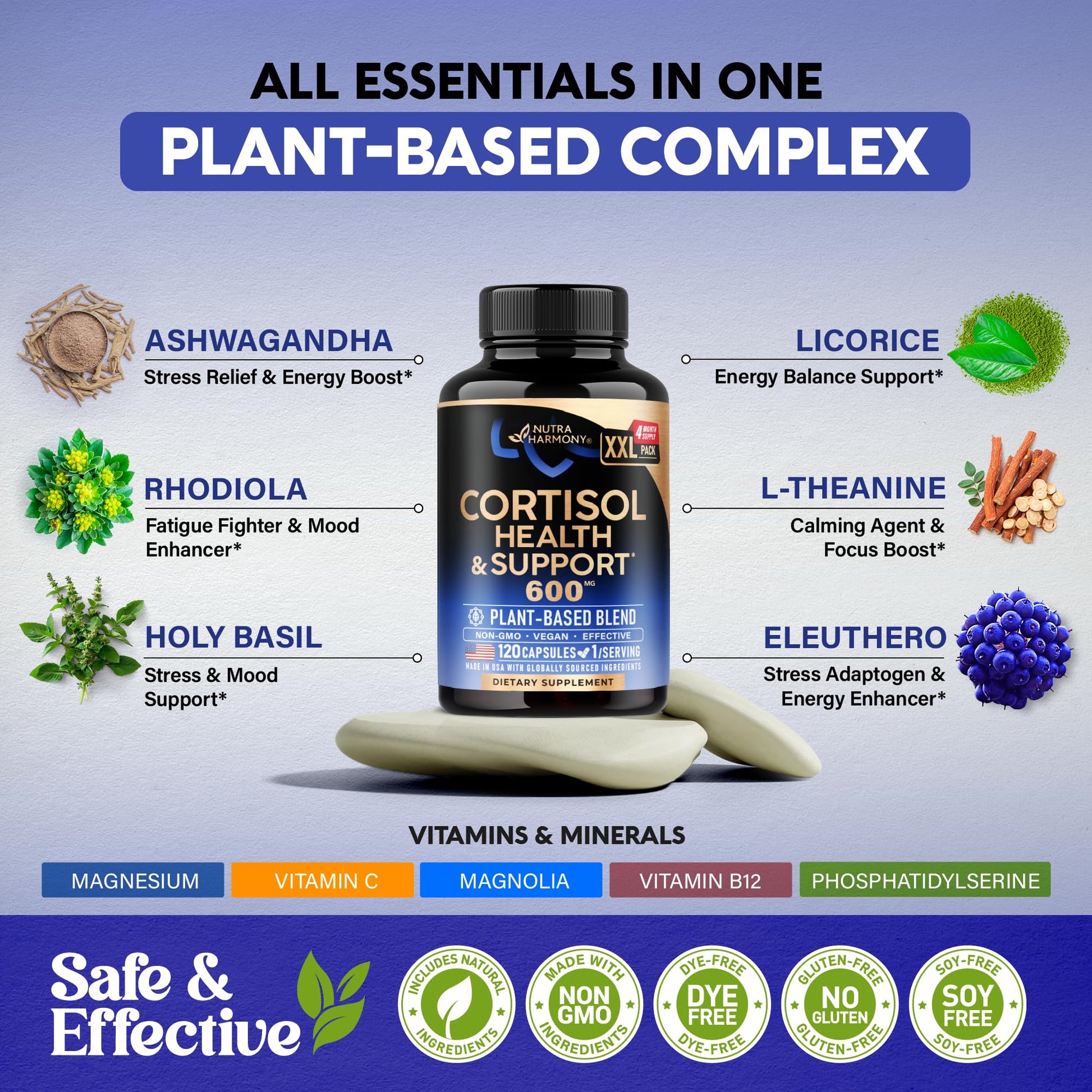 Cortisol Supplement for Women - Holy Basil | Ashwagandha | Rhodiola | L-Theanine - Plant-Based Hormone Balance - Mood, Focus & Sleep Support - Made in USA - Maple Wellness Supplements