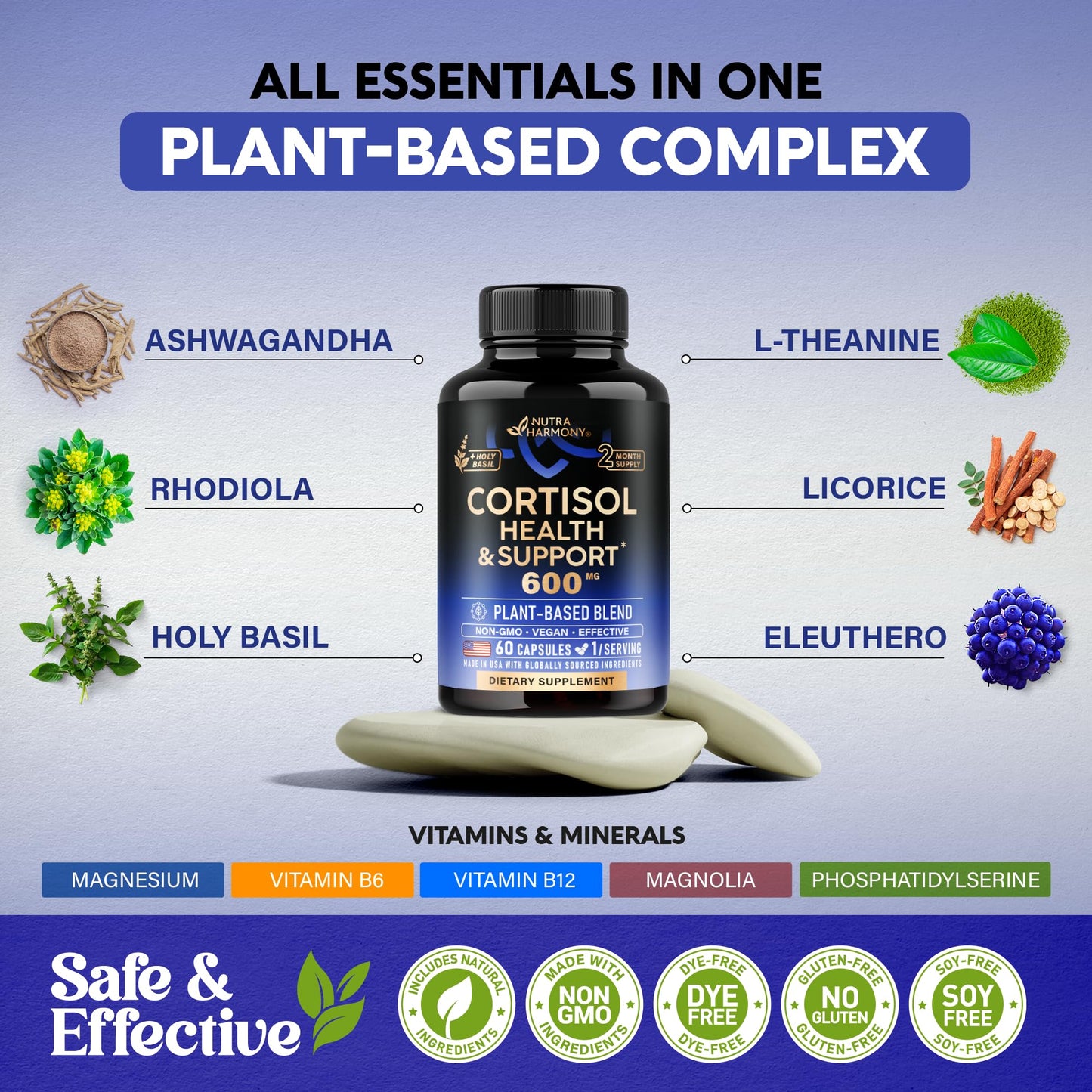 Cortisol Supplement for Women - Holy Basil | Ashwagandha | Rhodiola | L-Theanine - Plant-Based Hormone Balance - Mood, Focus & Sleep Support - Made in USA - Maple Wellness Supplements