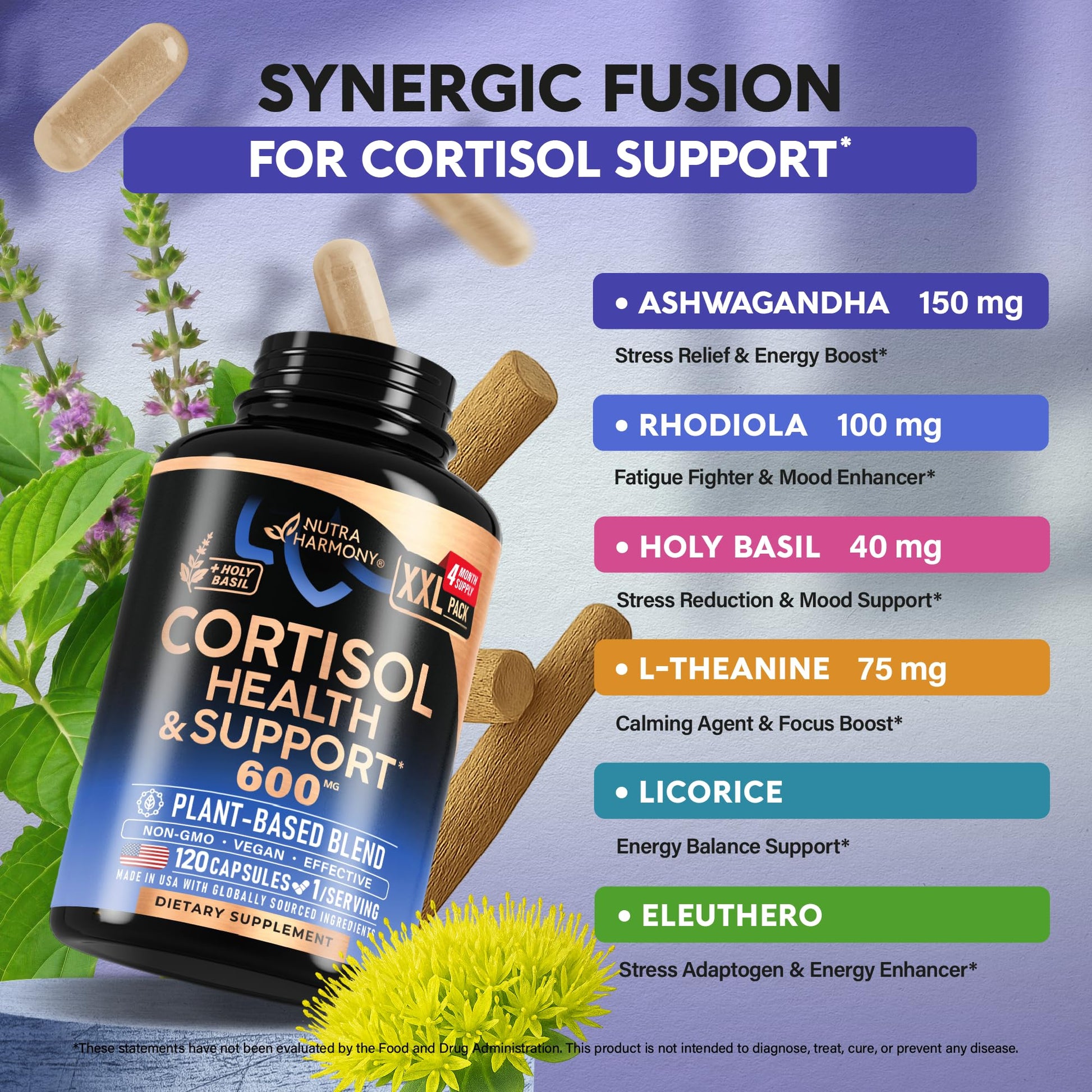 Cortisol Supplement for Women - Holy Basil | Ashwagandha | Rhodiola | L-Theanine - Plant-Based Hormone Balance - Mood, Focus & Sleep Support - Made in USA - Maple Wellness Supplements