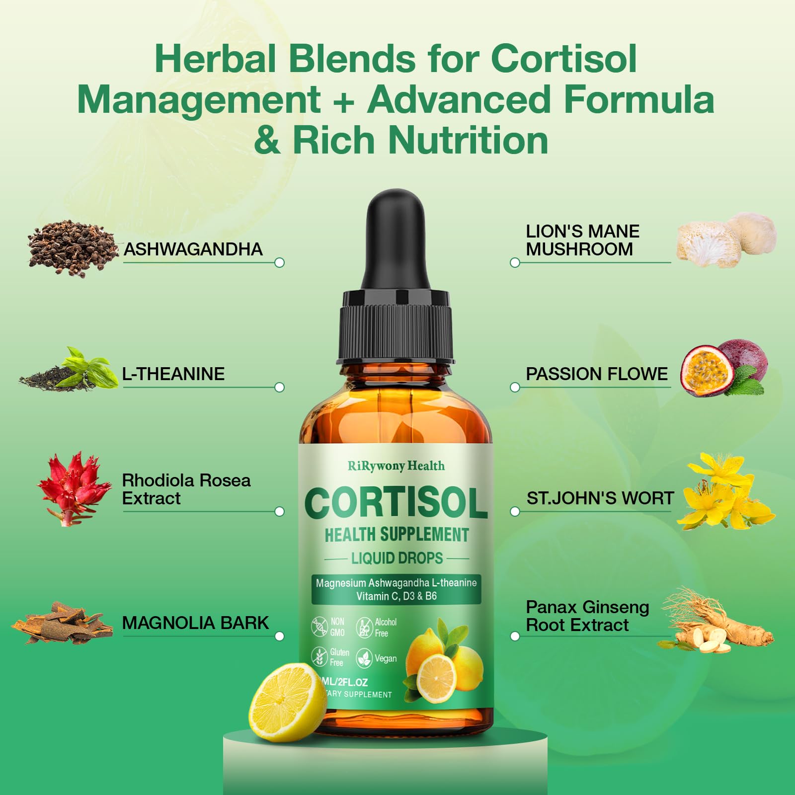 Cortisol Supplement for Women & Men - Cortisol Detox Reducer Magnesium Glycinate, Ashwagandha, L-Theanine, Phosphatidylserine - Hormone Balance for Calm Mood Focus Sleep (2 FL.OZ Lemon) - Maple Wellness Supplements