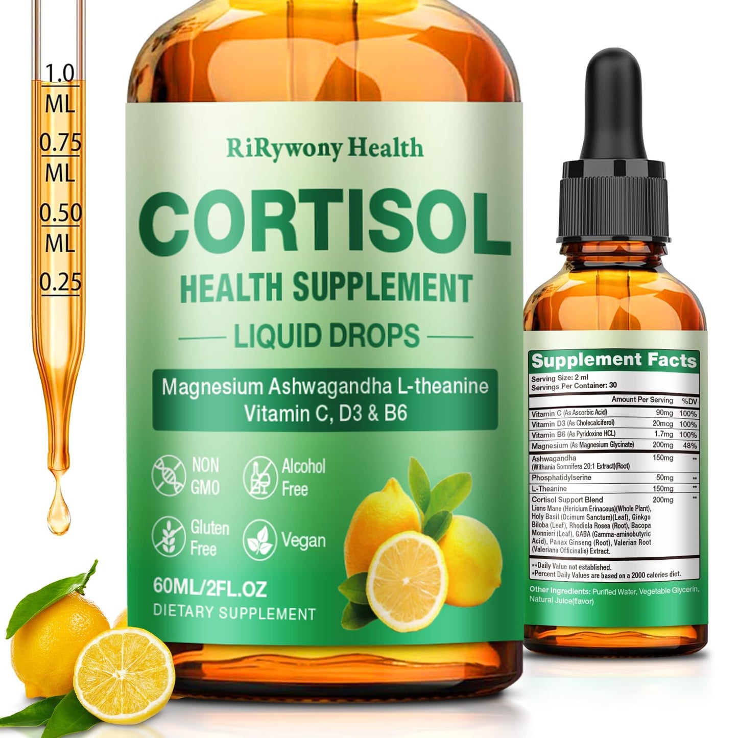 Cortisol Supplement for Women & Men - Cortisol Detox Reducer Magnesium Glycinate, Ashwagandha, L-Theanine, Phosphatidylserine - Hormone Balance for Calm Mood Focus Sleep (2 FL.OZ Lemon) - Maple Wellness Supplements