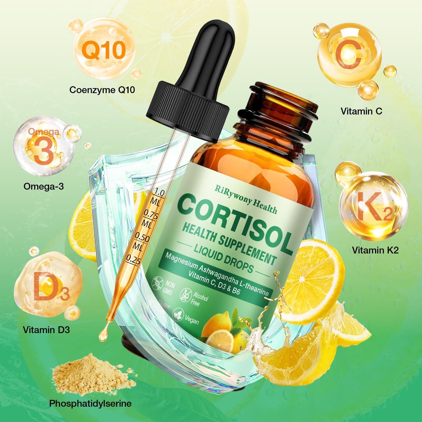 Cortisol Supplement for Women & Men - Cortisol Detox Reducer Magnesium Glycinate, Ashwagandha, L-Theanine, Phosphatidylserine - Hormone Balance for Calm Mood Focus Sleep (2 FL.OZ Lemon) - Maple Wellness Supplements