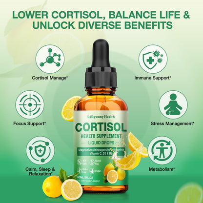 Cortisol Supplement for Women & Men - Cortisol Detox Reducer Magnesium Glycinate, Ashwagandha, L-Theanine, Phosphatidylserine - Hormone Balance for Calm Mood Focus Sleep (2 FL.OZ Lemon) - Maple Wellness Supplements