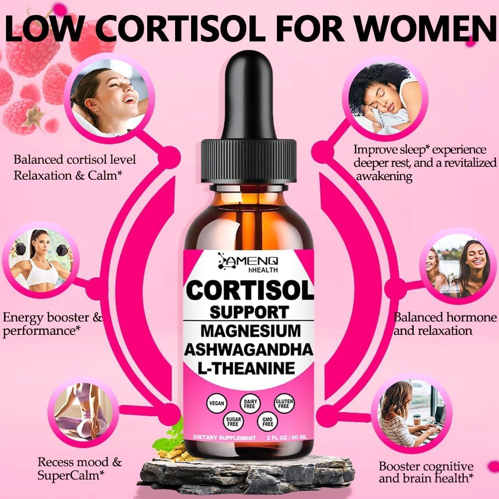 Cortisol Supplement Liquid Drops, 17-in-1 Cortisol Reducer w. Ksm-66 Ashwagandha Theanine Rhodiola Rosea Magnesium Phosphatidylserine, Hormone Balanced & Lower Cortisol for Women Calm* Relaxation - Maple Wellness Supplements