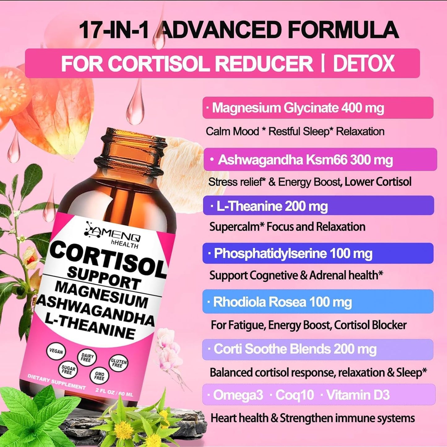 Cortisol Supplement Liquid Drops, 17-in-1 Cortisol Reducer w. Ksm-66 Ashwagandha Theanine Rhodiola Rosea Magnesium Phosphatidylserine, Hormone Balanced & Lower Cortisol for Women Calm* Relaxation - Maple Wellness Supplements