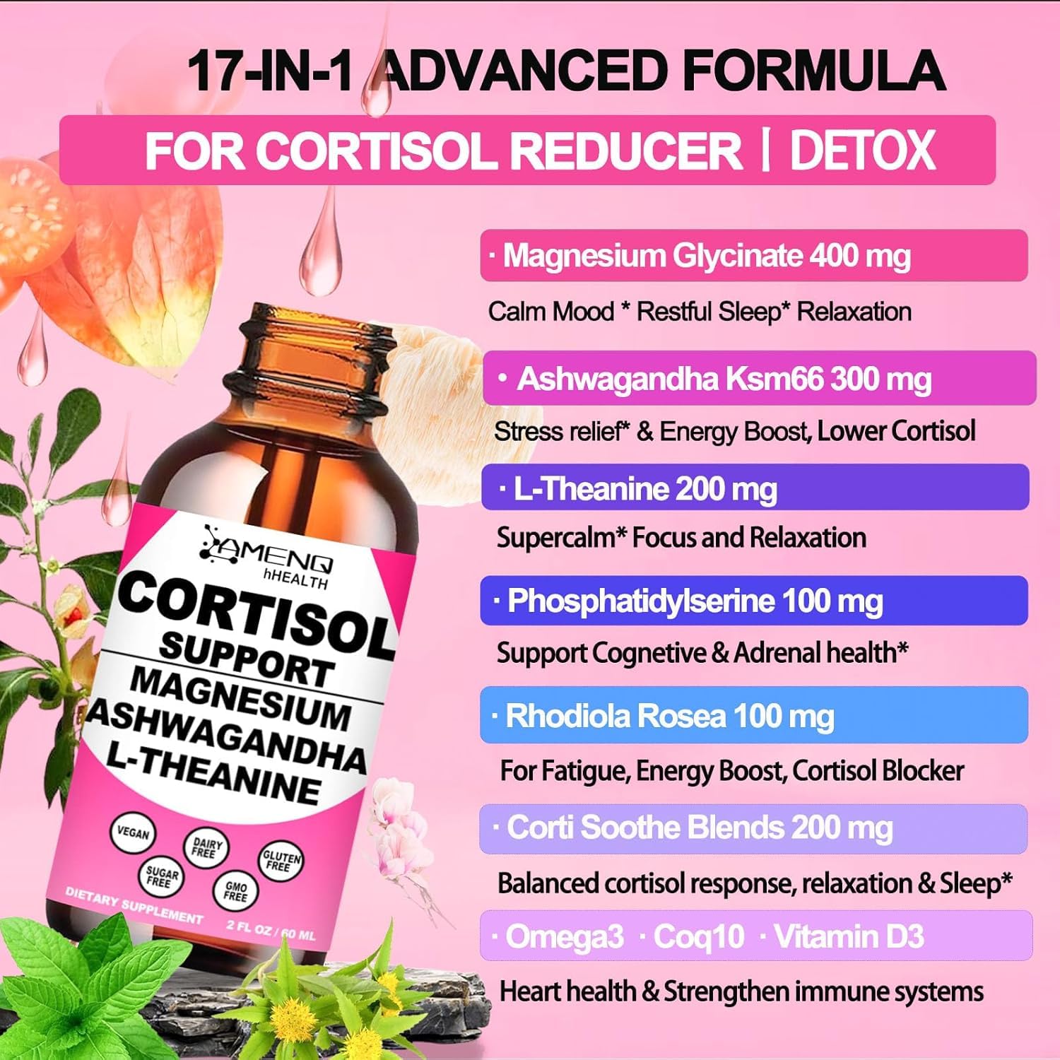 Cortisol Supplement Liquid Drops, 17-in-1 Cortisol Reducer w. Ksm-66 Ashwagandha Theanine Rhodiola Rosea Magnesium Phosphatidylserine, Hormone Balanced & Lower Cortisol for Women Calm* Relaxation - Maple Wellness Supplements