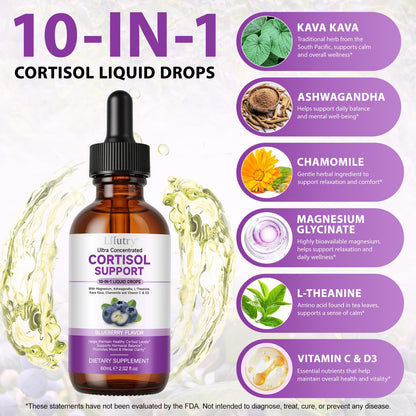 Cortisol Supplement Liquid Drops, Cortisol Supplements for Women & Men, 10 in 1 Cortisol Detox Manager Reducer with Magnesium, Ashwagandha, L-theanine, Hormone Balanced, Sleep Support - 2.02 fl.oz - Maple Wellness Supplements