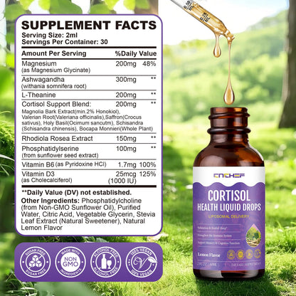 Cortisol Supplement Liquid Drops, Hormone Balance for Women Men Cortisol Detox with Magnesium Glycinate, L-Theanine, Rhodiola Rosea, Ashwagandha, Phosphatidylserine, Mood Focus, Sleep Support, 2 Fl Oz - Maple Wellness Supplements