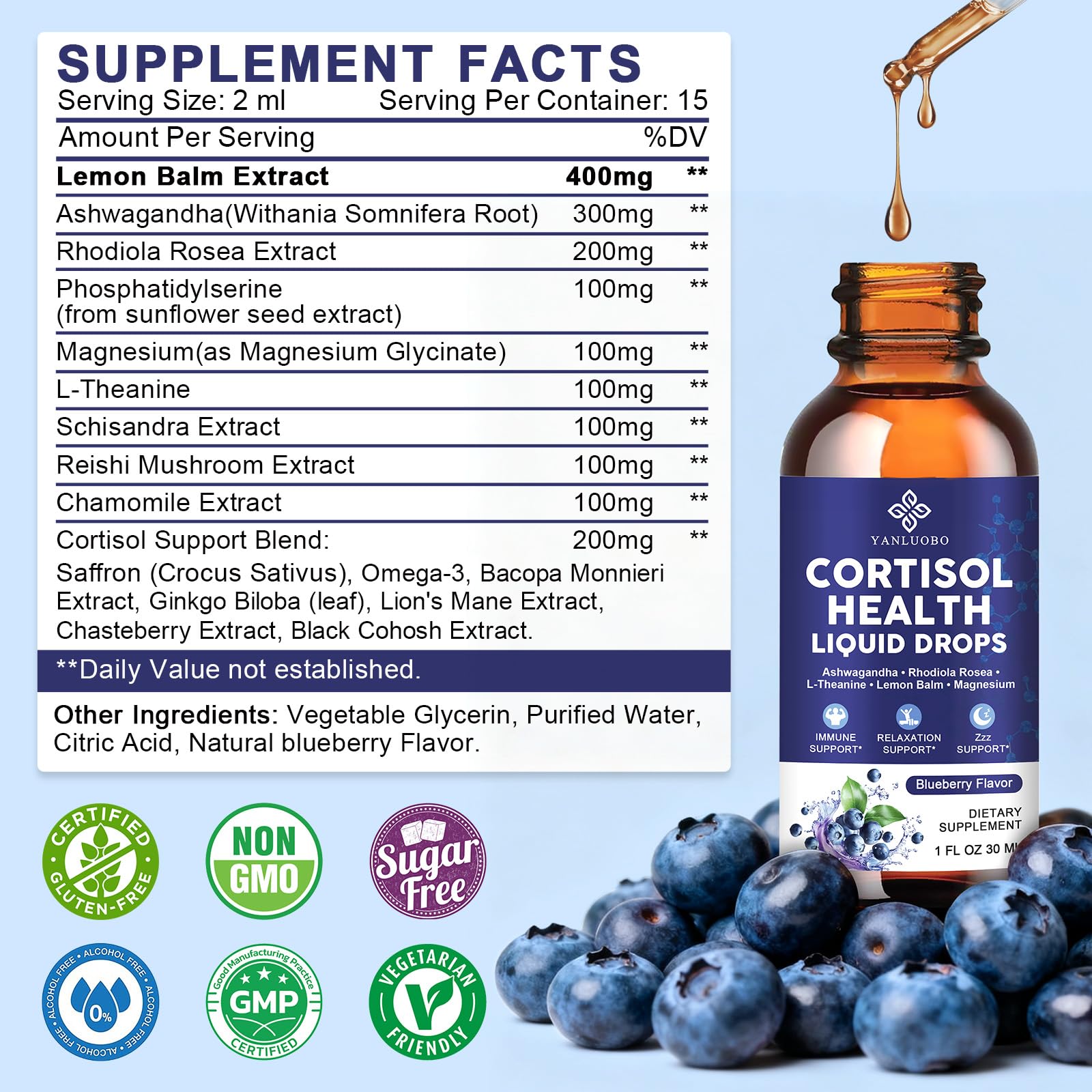 Cortisol Supplements for Women - Cortisol Manager Liquid Drops with Magnesium, Ashwagandha & Rhodiola rosea, L-theanine - Promotes Relaxation & Better Sleep, Mood, Blueberry Flavors, 1FL.OZ(2PC) - Maple Wellness Supplements