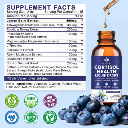 Cortisol Supplements for Women - Cortisol Manager Liquid Drops with Magnesium, Ashwagandha & Rhodiola rosea, L-theanine - Promotes Relaxation & Better Sleep, Mood, Blueberry Flavors, 1FL.OZ(2PC) - Maple Wellness Supplements