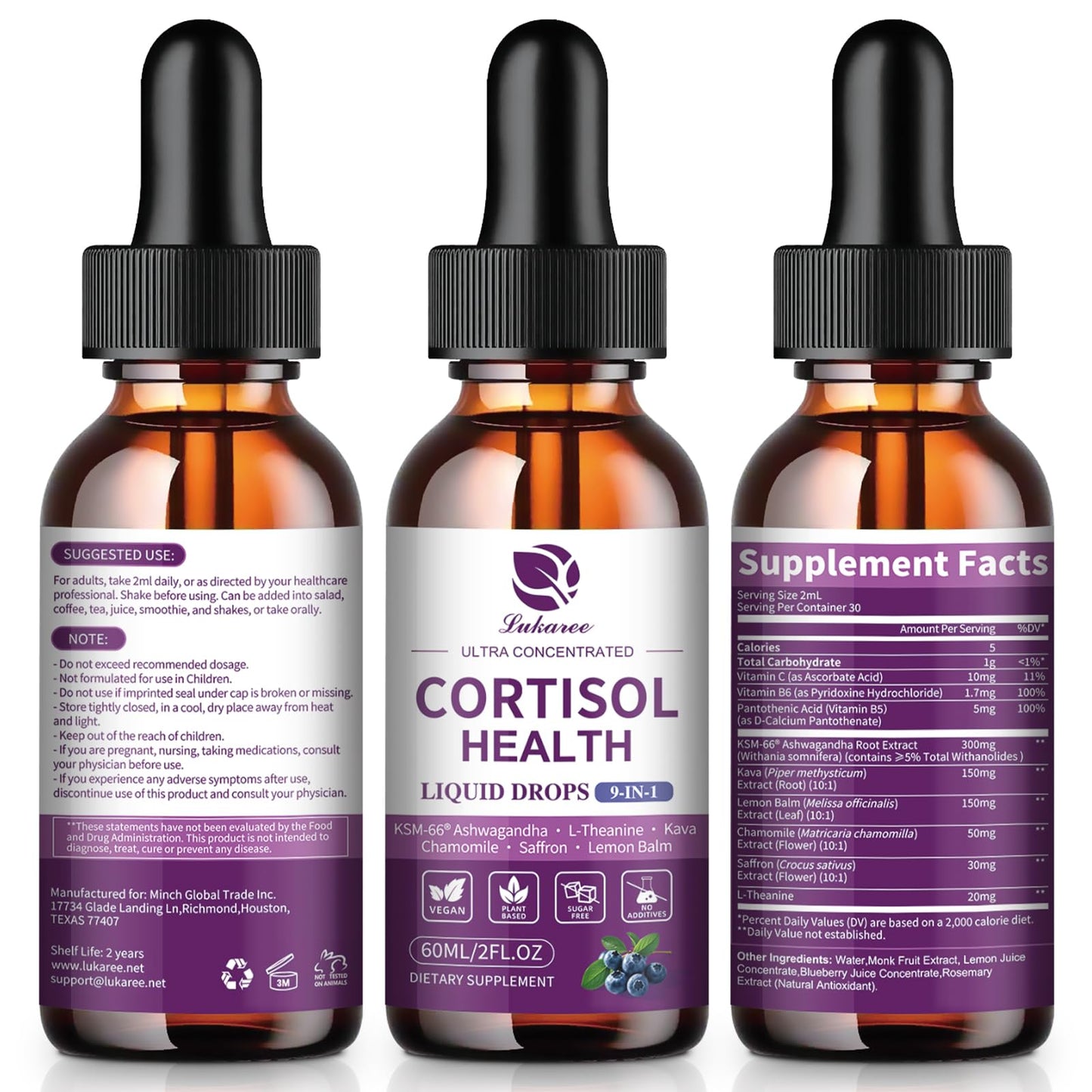 Cortisol Supplements for Women, Cortisol Reducer Manager Detox with KSM-66® Ashwagandha, Kava, Lemon Balm & Vitamin C B5 B6, Lower Cortisol, Hormone Harmony Liquid Drops, 2 FL.OZ, Blueberry Flavor - Maple Wellness Supplements